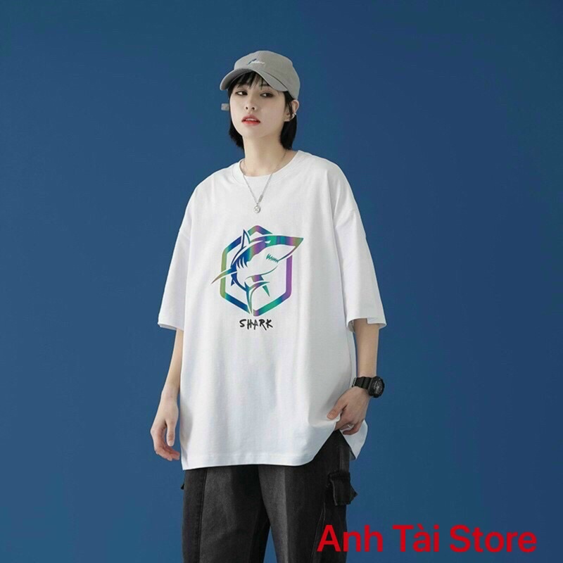 Áo thun tay lỡ phản quang phông Unisex nam nữ chất Premium Cotton oversize đến 75kg form rộng co dãn 4 chiều SHARK AP 44