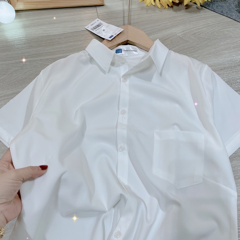 Áo sơ mi GU nữ tay ngắn có cổ màu trắng đủ size