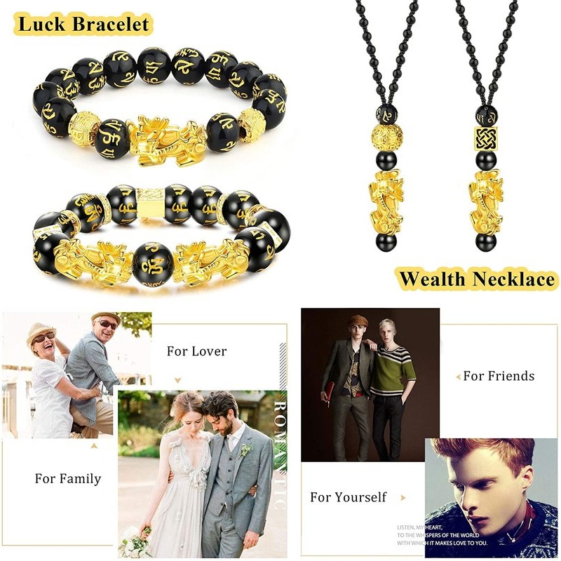 Vòng Tay/Vòng cổ Xỏ Hạt Đá Obsidian Màu Đen Có Thể Điều Chỉnh Phối Mặt Dây Khắc Hình Tỳ Hưu