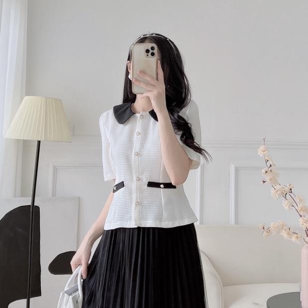 Set váy kí cố đức giả chân váy đen cạp chun chất liệu Sốp Hàn cao cấp giữ form dáng Eva Fashion