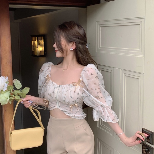 Áo Sơ Mi chiffon Mỏng Tay Phồng Họa Tiết Hoa Thời Trang Mùa Xuân Cho Nữ