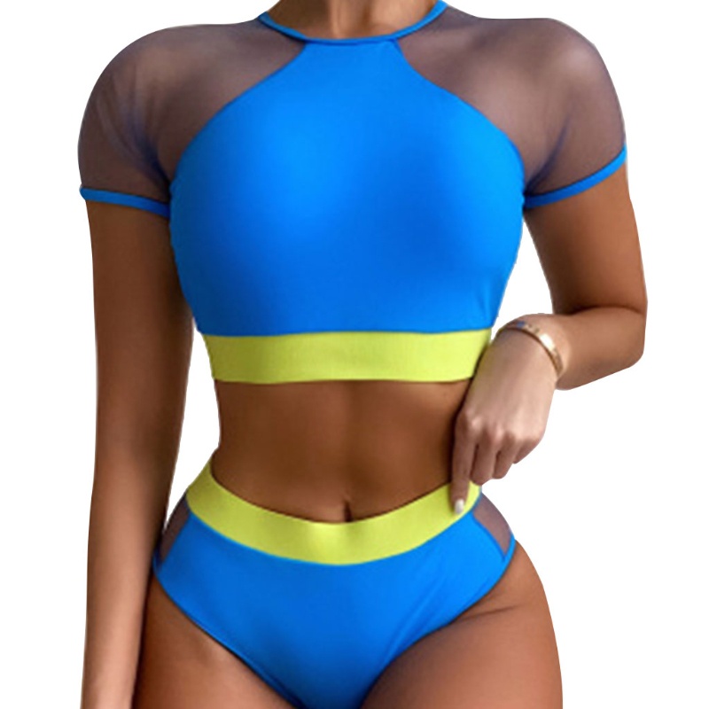 Bộ Đồ Bơi Bikini 2 Mảnh Tay Ngắn Phối Lưới Màu Sắc Tương Phản Quyến Rũ Dành Cho Nữ