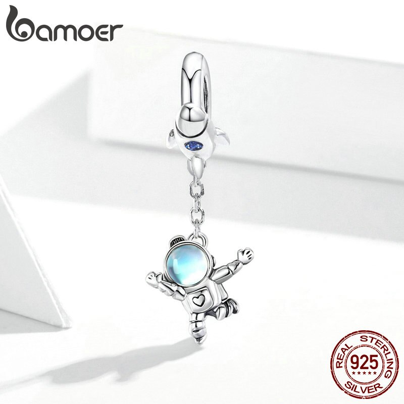 Mặt trang sức bamoer SCC1695 hình tàu vũ trụ &amp; phi hành gia bằng bạc thật 925 làm vòng tay DIY sành điệu