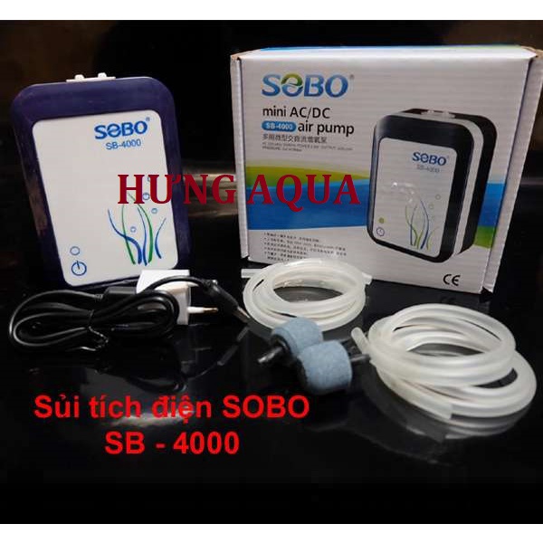 Sủi oxy, máy sủi oxy tích điện Sobo SB-3000 / SB-40000 2 vòi, chạy êm, bền bỉ kèm phụ kiện (hàng chính hãng)