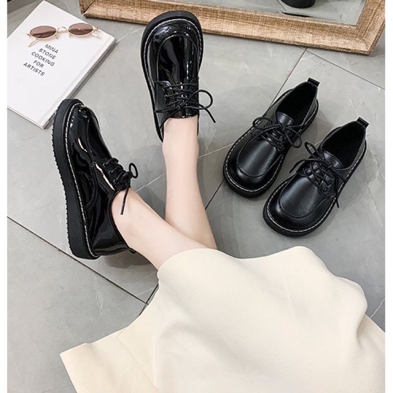 Giày oxford nữ Lolita da lì mũi tròn - Giày boots bốt ulzzang