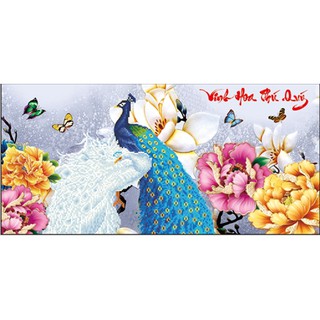 Tranh thêu chữ thâp 5d Vinh hoa phú quý - khổng tước xanh và trắng < 8335 > chưa thêu