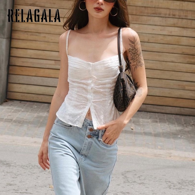 Relagala Áo Tank Top Hai Dây Cắt Nút Hình Hoa Cho Nữ