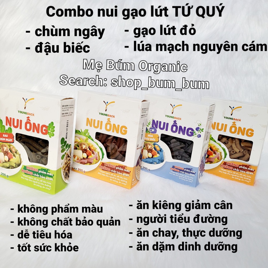 [HCM giao hỏa tốc] Combo nui gạo lứt thực dưỡng TỨ QUÝ Youngback - Mỗi hộp 200g - chuyên ăn kiêng, tiểu đường, giảm cân