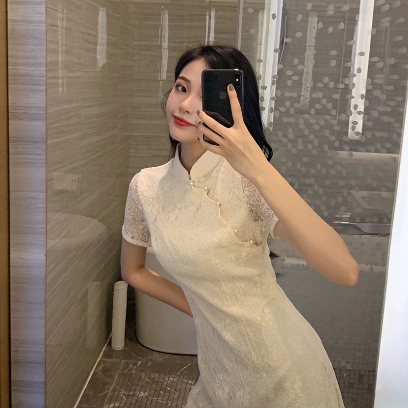 Sườn xám voan hàng thiết kế Quảng Châu chất đẹp trẻ trung J0245 | BigBuy360 - bigbuy360.vn