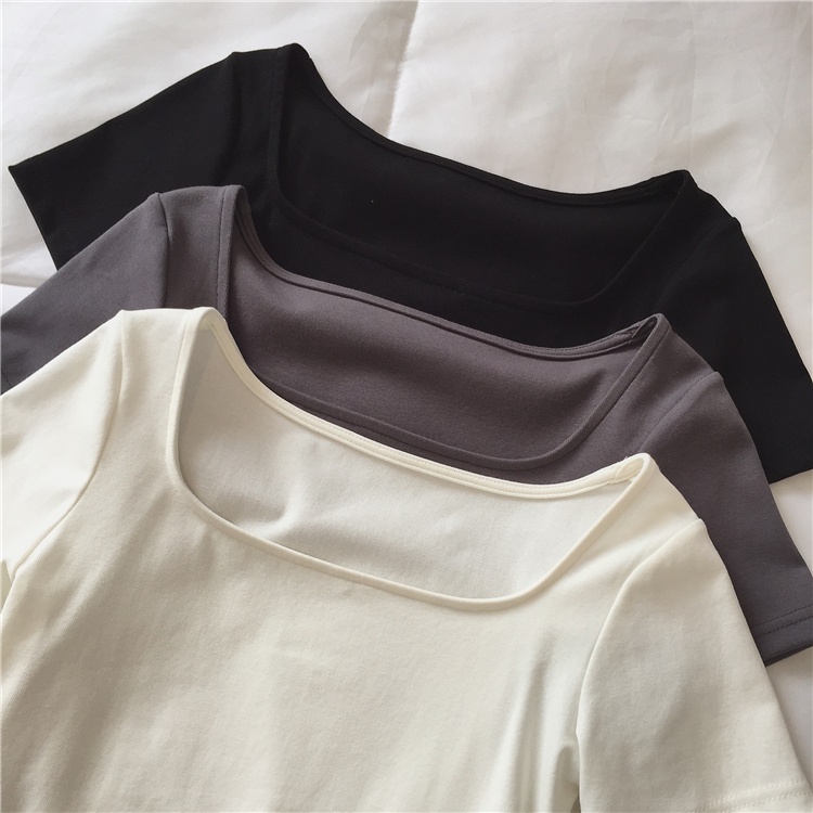 Áo Thun Tay Ngắn Cổ Vuông Dáng Ôm Phong Cách Thời Trang Hàn Quốc Dành Cho Nữ