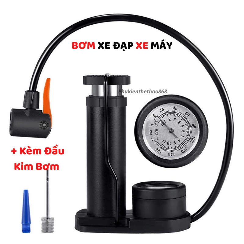 Bơm Xe Đạp Xe Máy Đạp Chân Áp Suất Cao 160Psi Có Đồng Hồ Bơm Khỏe Nhanh Đầy Hơi