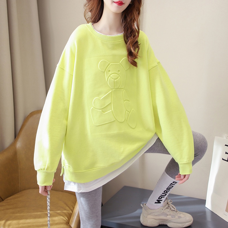 ZHELIHANGFEI Áo Hoodie Giả Hai Lớp Tay Dài Dáng Rộng In Hình Gấu Phong Cách Thể Thao Thời Trang