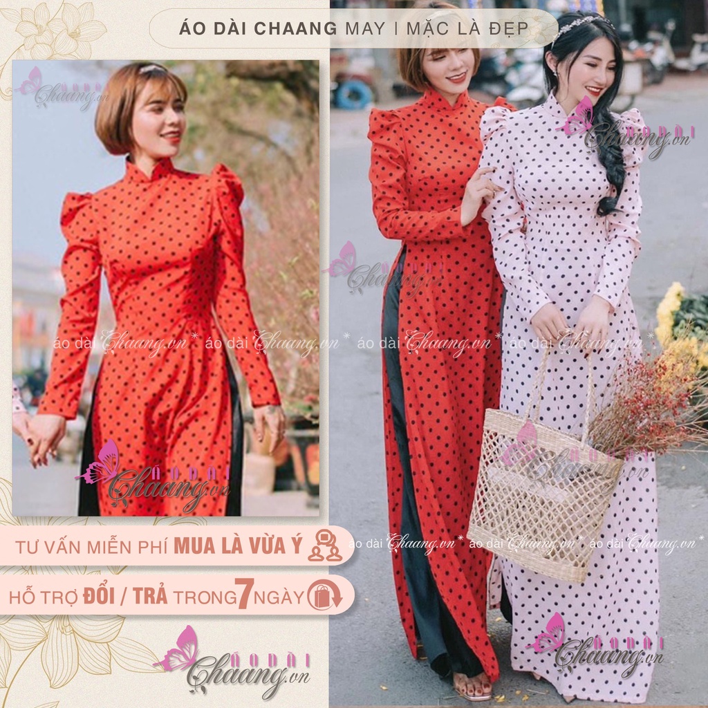 Áo dài truyền thống chấm bi - Áo dài thiết kế tay phồng bồng lụa đẹp chụp hình xinh