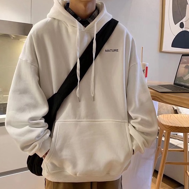 Áo Hoodie unisex Dáng Rộng Tay Dài Màu Trơn Thời Trang Hàn Quốc Trẻ Trung in cotton cổ tròn phong cách áo len Màu đồng nhất top