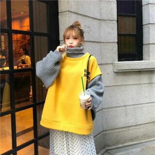Áo nỉ Oversize phối tay len cao cổ