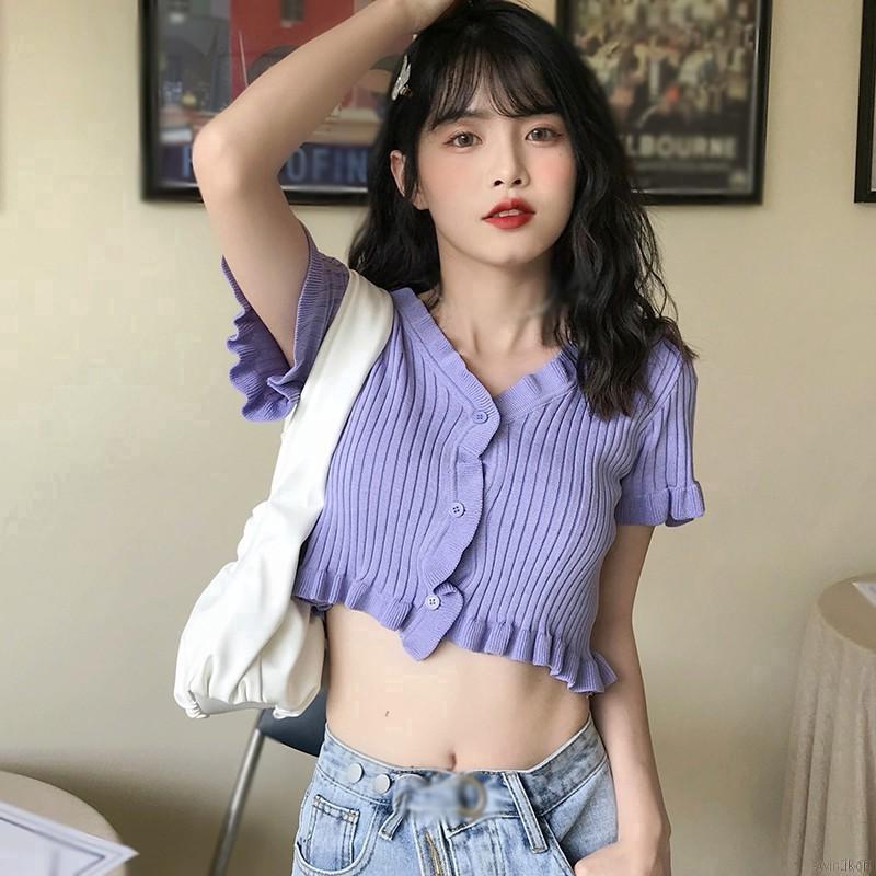 Áo Cardigan Dệt Kim Tay Ngắn Cổ Chữ V Phối Bèo Nữ Tính | BigBuy360 - bigbuy360.vn