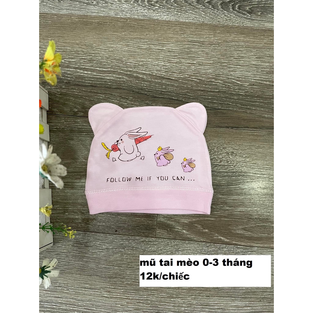 Mũ tai mèo, mũ cotton sơ sinh cho bé từ 0-3 tháng