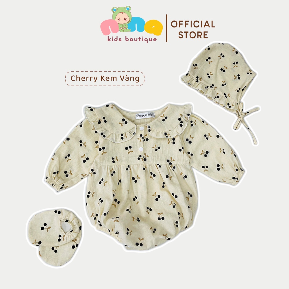 Body cherry cho bé gái Nina Kids Boutique Bộ áo liền quần dài tay sơ sinh 0m đến 24m Màu trắng Kèm mũ và giày vải