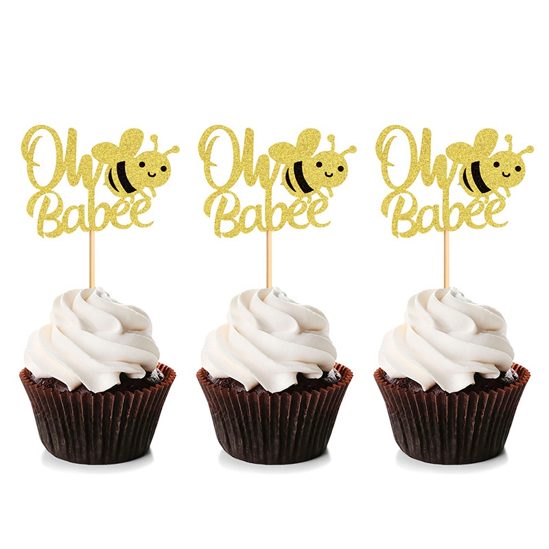 Phụ kiện trang trí bánh sinh nhật bánh kem - Set 3 thẻ cắm con ong nhũ vàng