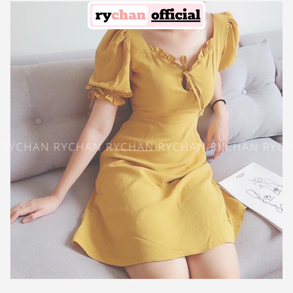 DX845 - Đầm Xòe Vàng Bèo Cổ Tay Phồng Đầm Xòe Dạo Phối Đầm Đi Chơi
