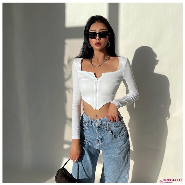 Áo Crop Top Tay Dài Màu Trơn Có Khóa Kéo Thời Trang Cho Nữ