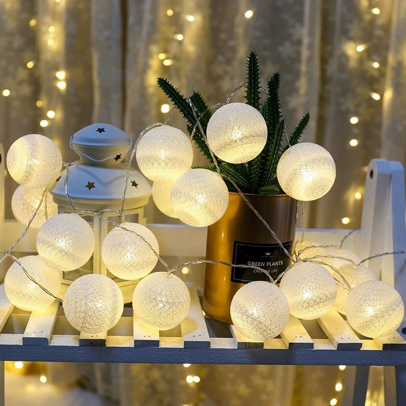 Dây Đèn Led Trang Trí Tông Trắng Ánh Sáng Vàng - Đèn Cầu Mây Chọn Mẫu Cắm Điện/ Chạy Pin MILKDECOR