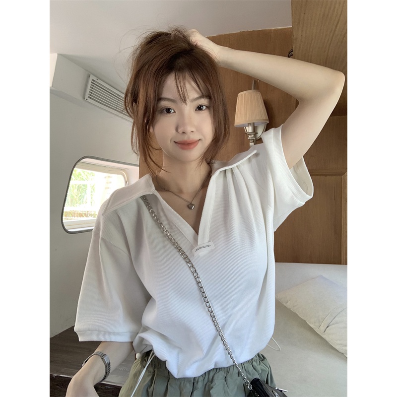 Áo polo Ngắn Tay Màu Trơn Phong Cách Hàn Quốc Cho Nữ