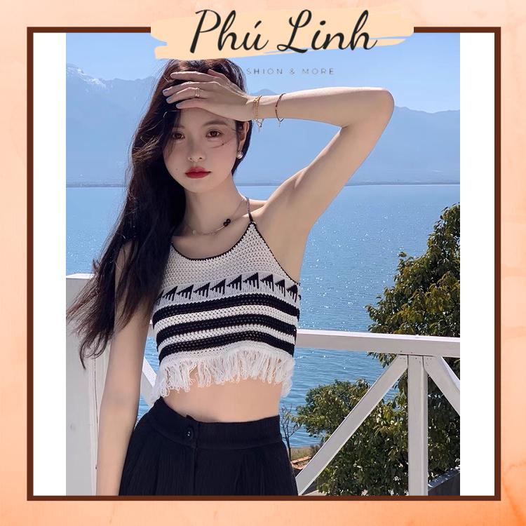 MS646 Áo kiểu nữ cổ yếm đan móc hoạ tiết tua rua croptop