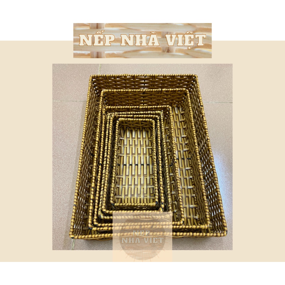Khay Đựng Đồ Hình Chữ Nhật Tạo Hình Thủ Công Từ Dây Nhựa Kiểu Mây Tre Đan Bền Đẹp