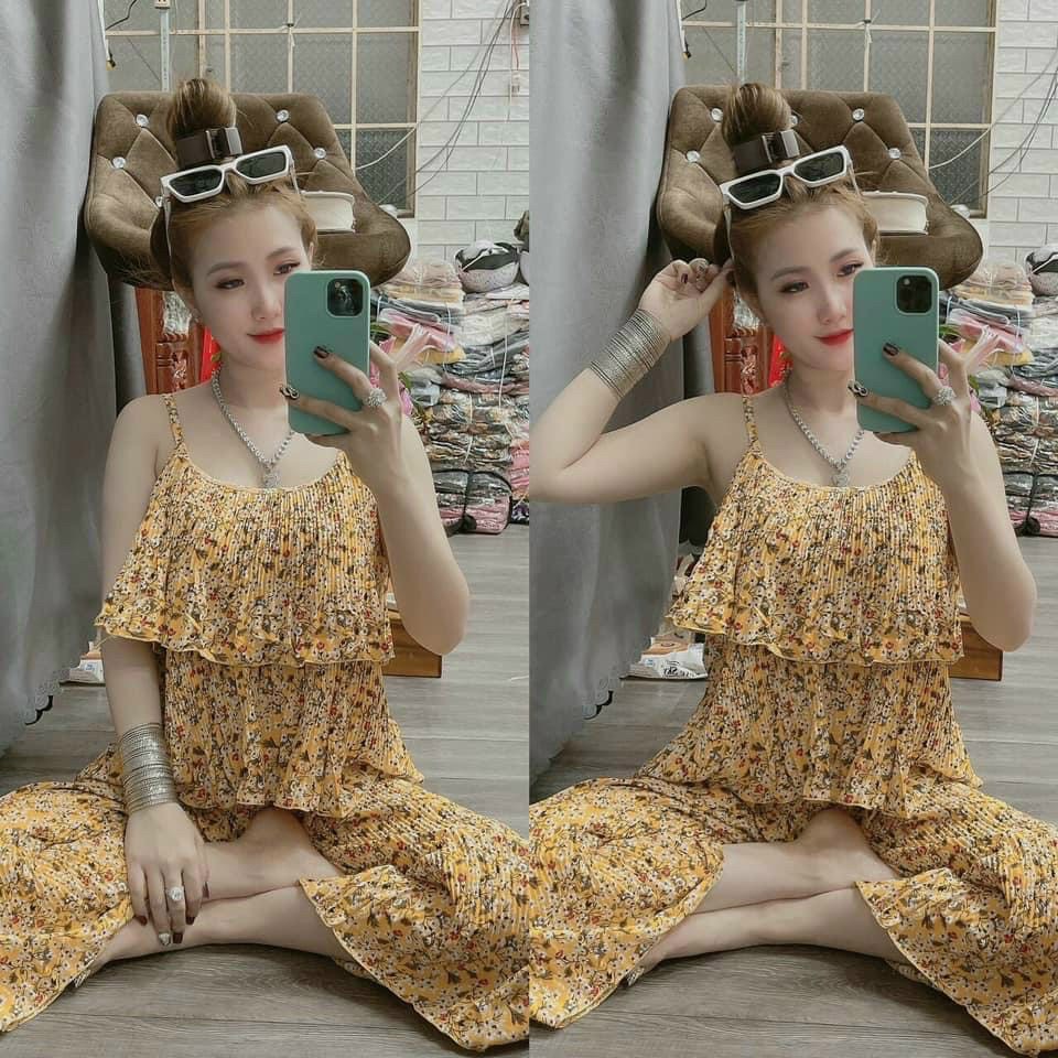 Sét Bộ Nữ Thời Trang Mặc Đi Chơi, Sét Bộ Lụa 100D 2 Dây Bèo Tầng Hoa Văn Hoa Nhí Quần Dài Ống Rộng