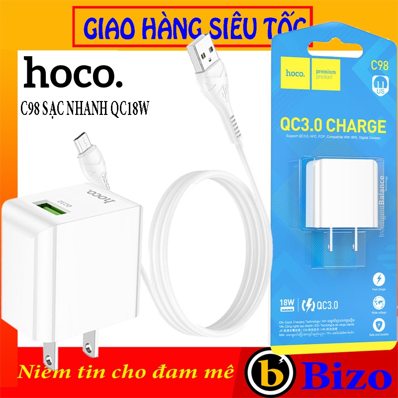 Bộ sạc nhanh Hoco C98 củ sạc nhanh QC18W cáp sạc nhanh Type C,Micro dùng cho IP, samsung,oppo,android