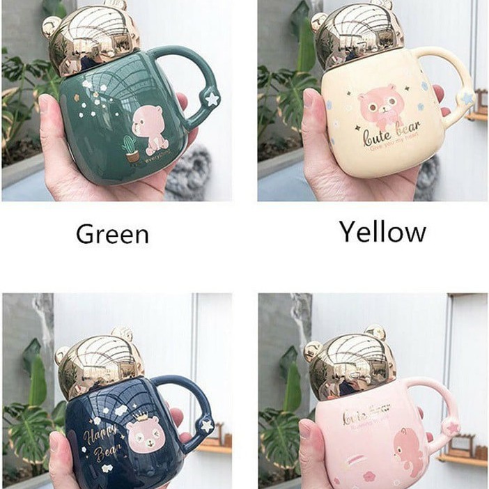Cốc gốm sứ pha trà cà phê có nắp CUTE BEAR loại 330ml Ly sứ giữ nhiệt cao cấp, cốc uống trà quai liền có nắp đậy