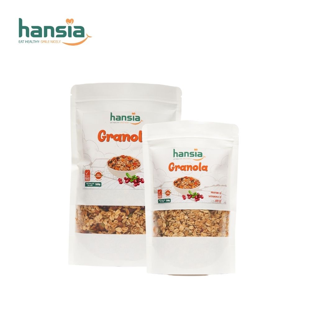 Ngũ Cốc Ăn Sáng Granola Organic HANSIA Gồm Nhiều Loại Hạt, Yến Mạch, Trái Cây Khô Giàu Năng Lượng Tiện Lợi Túi 250g-500g