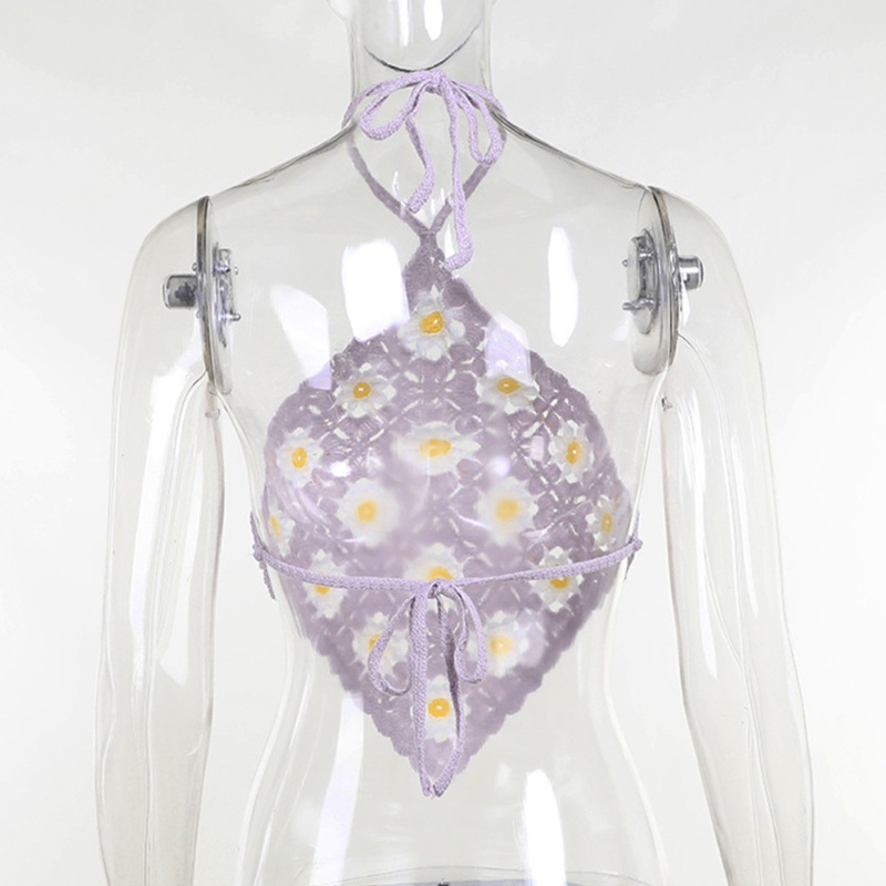 Áo Croptop Dệt Kim Đan Móc Hở Lưng Họa Tiết Hoa Quyến Rũ Thời Trang Cho Nữ