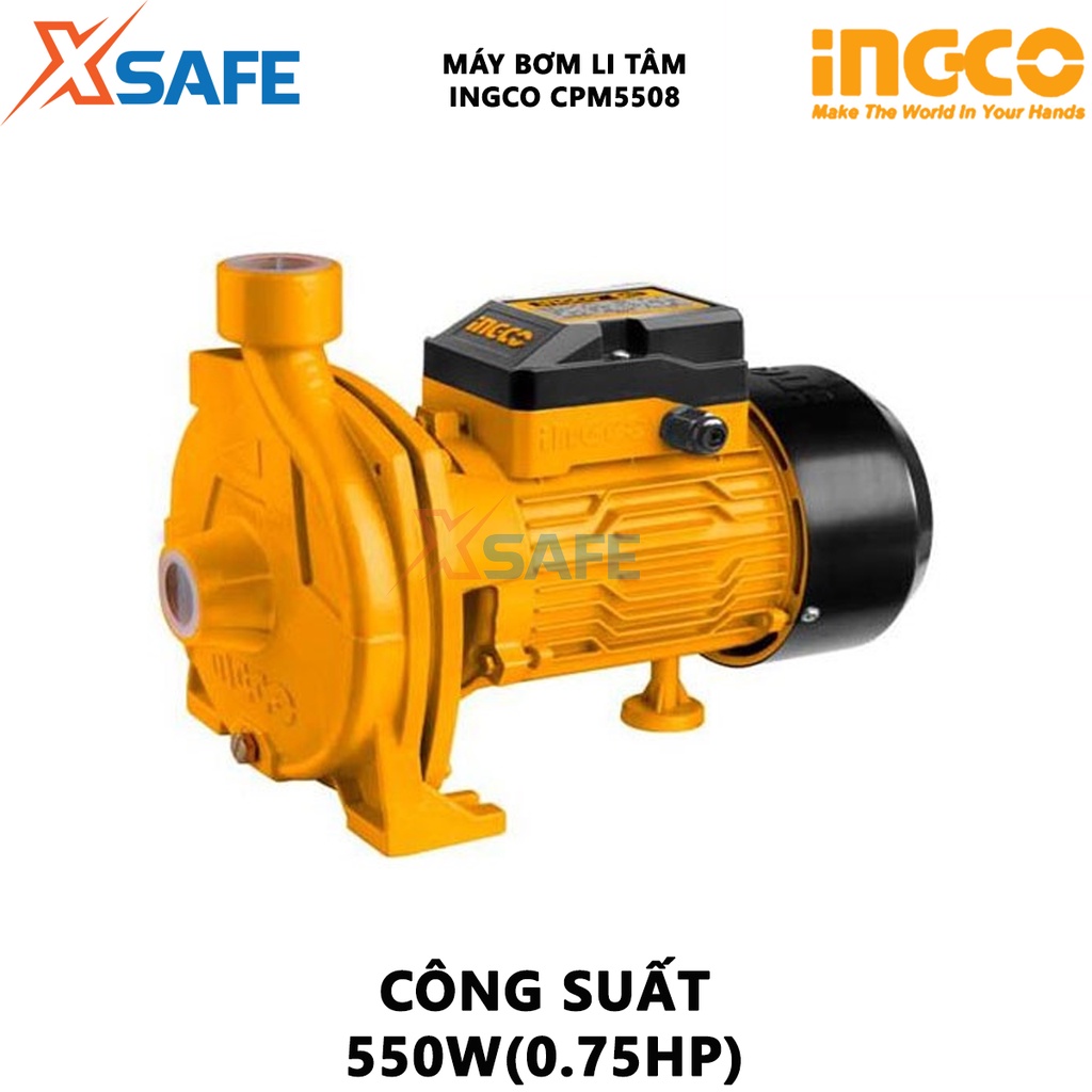 Máy bơm li tâm INGCO CPM5508 Máy bơm nước công suất 550W(0.75HP), chiều cao bơm tối đa 26m, cánh quạt đồng thau - XSAFE