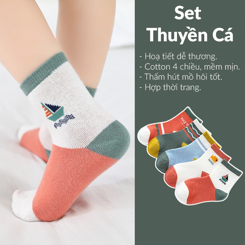 Set 5 Đôi Vớ Tất Cao Cổ Cho Bé Từ 1 - 12 Tuổi Chất Liệu Cotton Cao Cấp Co Giãn Tốt, Thoáng Khí, Hoạ Tiết Ngộ Nghĩnh