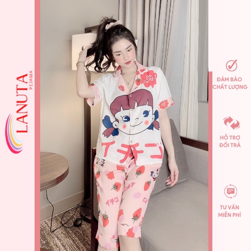 Bộ đồ nữ mặc nhà áo cộc quần lửng thiết kế cute dễ thương chất lụa mango cao cấp mềm nhẹ mát không nhăn nhàu LANUTA LK