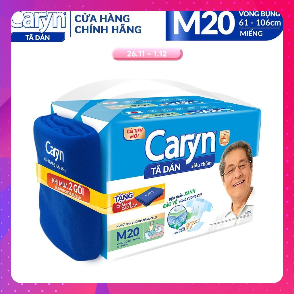 Bộ 2 Tã Dán Người Lớn Caryn Siêu Thấm Size M - 20 Miếng Tặng Chăn Caryn Dành Cho Người Hạn Chế Khả Năng Đi Lại