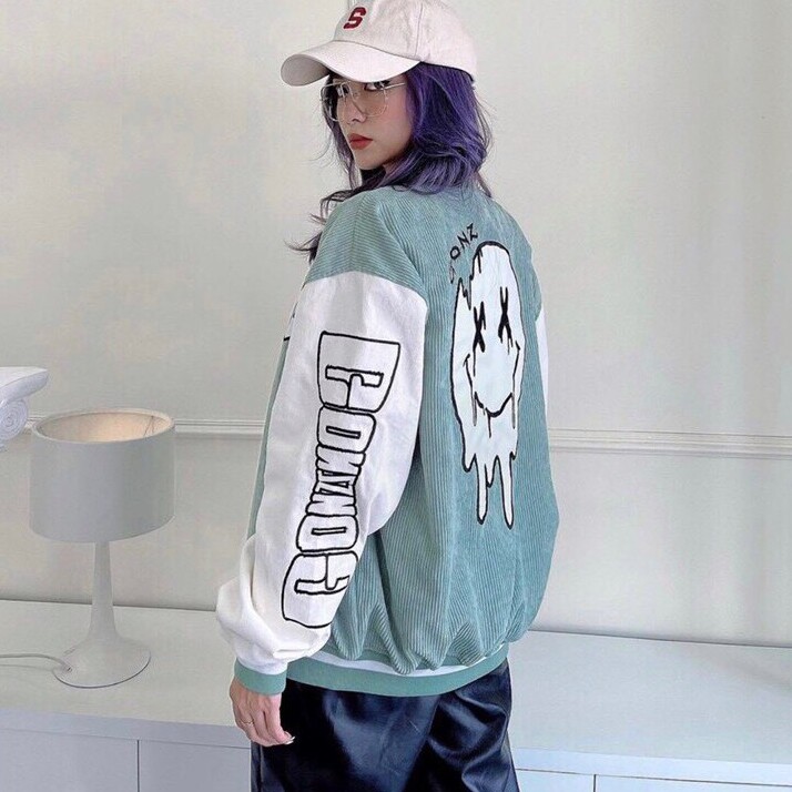 Áo Khoác Bomber Nhung Chữ G CHANREEN [FREESHIP] Phối màu tay, form rộng, nam nữ unisex Style Ulzzang dáng rộng