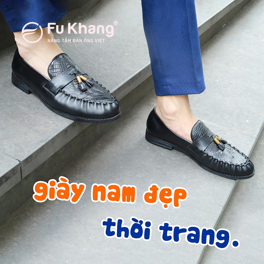 Giày lười dập vân cá sấu Độc lạ cho nam từ da bò cao cấp nhãn hiệu Fu Khang màu đen GLD24