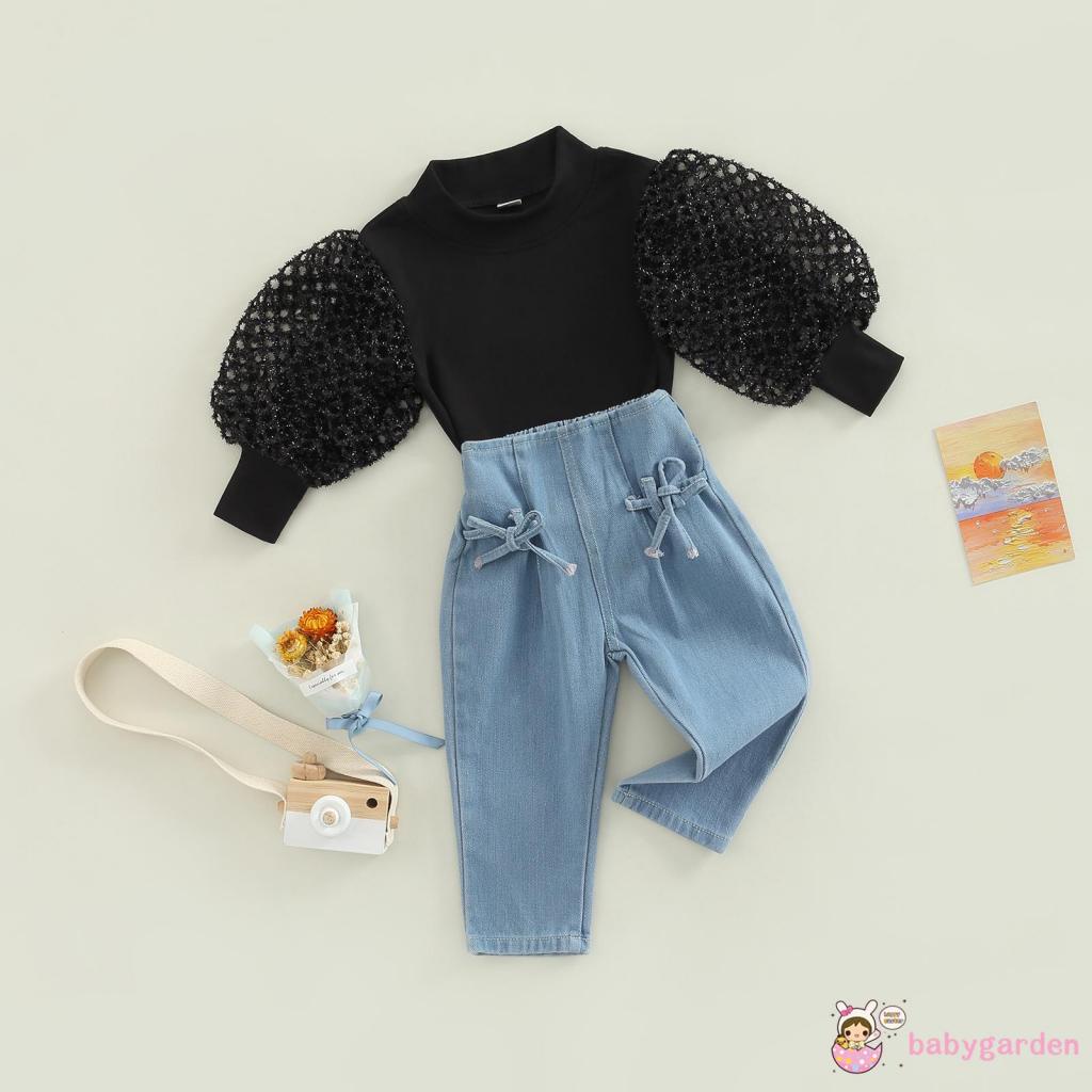 Bộ Áo Tay Phồng Cổ Tròn Màu Trơn + Quần Jean Buộc Dây Màu Trơn Thời Trang Cho Bé Gái 1-6 Tuổi