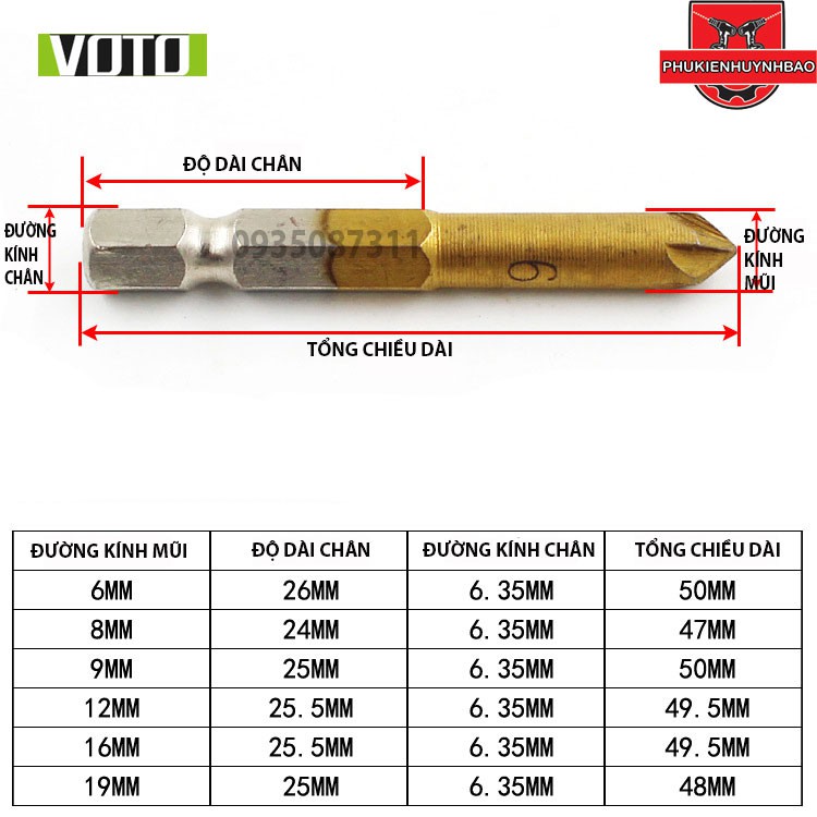 Bộ 6 Mũi Doa Âm Miệng Lỗ Bắt Âm Vít 5 Lưỡi Phay Phủ Titanium 6-19mm Chuôi Lục Giác VOTO