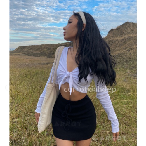 Set áo croptop nữ cột nơ tay dài hở lưng sexy, chân váy basic ôm tôn dáng thiết kế đi chơi đi chụp ảnh Carrotxinhdep