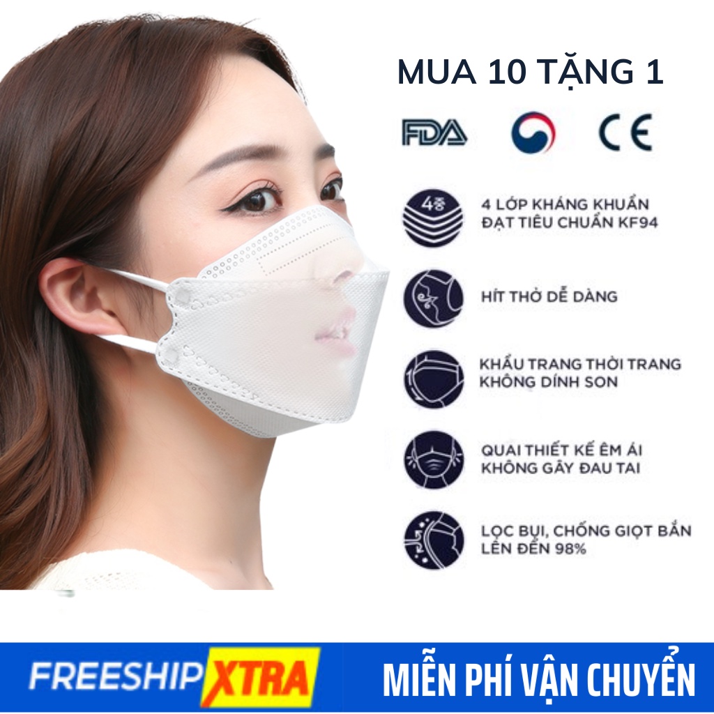 Khẩu trang y tế 4 lớp kháng khuẩn cao cấp , khẩu trang KF94 3D  - Khẩu trang 4D Hàn Quốc màu trắng xanh xám