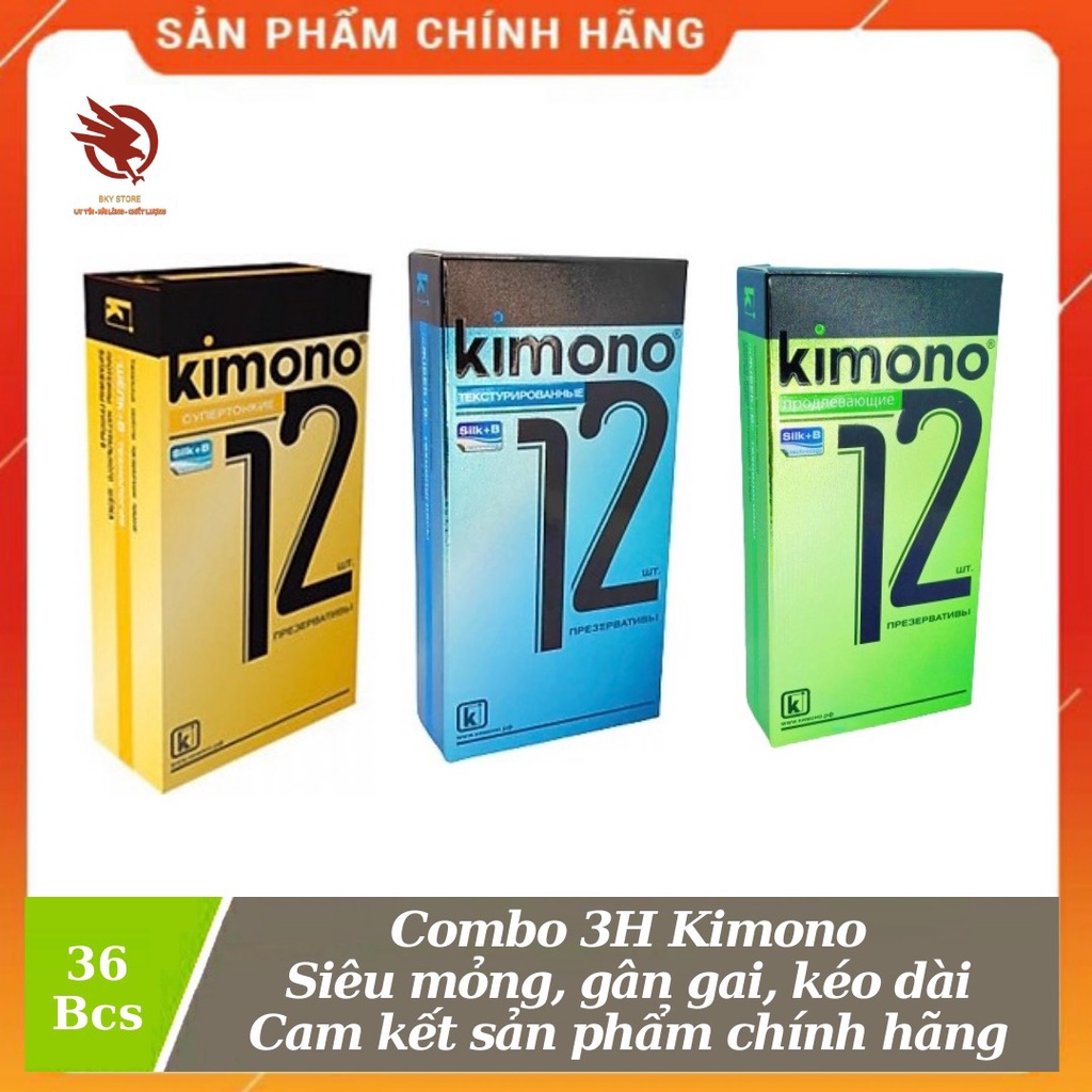 Combo 3H 36 cái bao cao su Kimono, siêu mỏng cao cấp, kéo dài thời gian