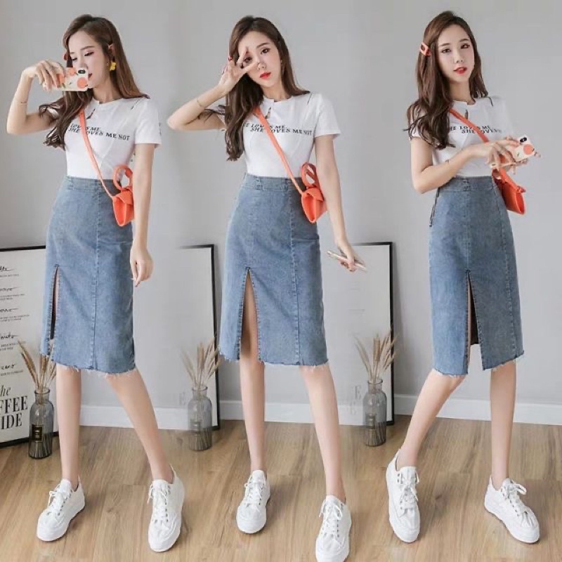 Chân Váy Jean Xẻ Tà Lưng Cao Phong Cách Hợp Thời Trang. Chân Váy Bò Midi Cạp Cao Xẻ Cá Tính_V1