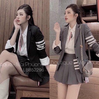 Set 3 món: áo sơmi + áo vest phối sọc tay dài + chân váy
