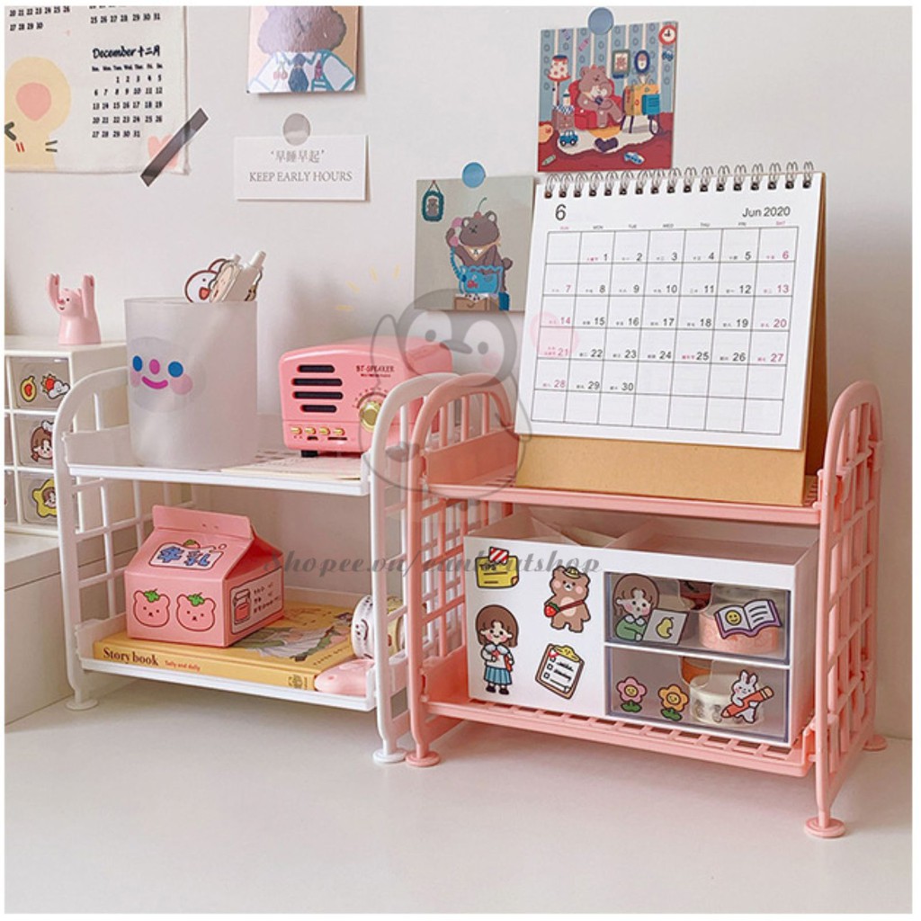 Kệ nhựa mini 🐧 2 tầng để bàn decor 7 màu đựng đồ đa năng mĩ phẩm dễ thương tiện lợi gọn gàng VPP39