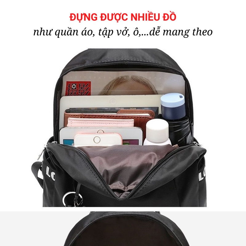 Balo nữ vải dù chống thấm tốt có lỗ luồn tai nghe, túi mini thời trang tặng móc gấu