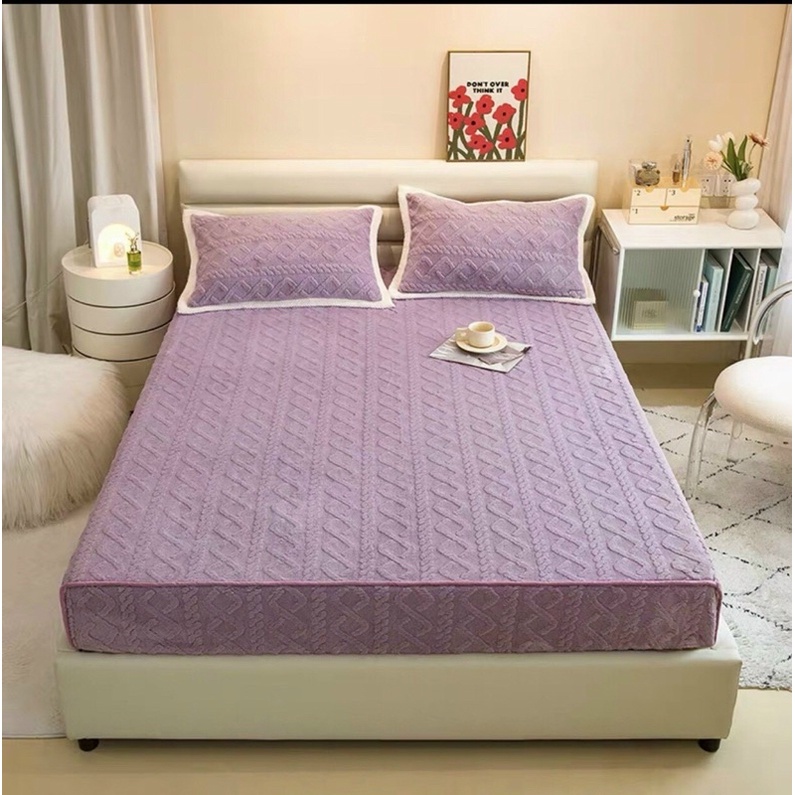 Bộ ga kèm 2 vỏ gối len lông cừu vặn thừng cao cấp, Chất lông cừu mềm giữ ấm nhanh không rụng lông, chống tích điện